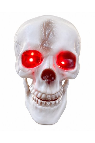 PARTİPORT Halloween Işıklı Kafatası Dekoru – Kırmızı LED Gözlü Masaüstü Kuru Kafa Süsü