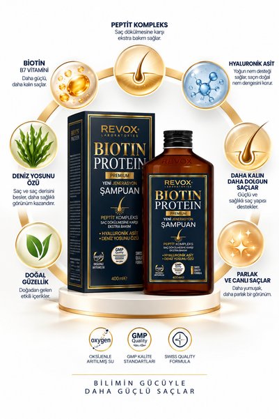 Revox Biotin Protein Premium Şampuan 400 ml – Biotin B7, Peptit Kompleks, Hyaluronik Asit ve Deniz Yosunu Özlü