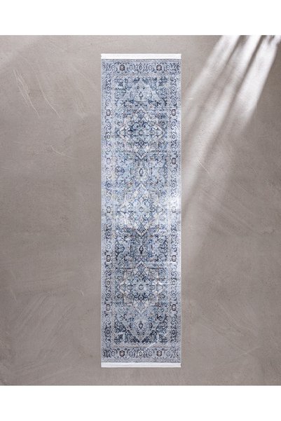 Madame Coco Brenel Shiny Effect İpeksi Kadife Halı - Mavi - 80x300 cm