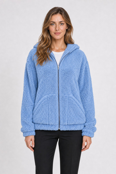 Firststops Women's Blue Oversize Hooded Zippered Plush Sweatshirt