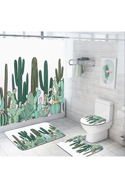 OEM Set de baie: Perdea, covorașe și husă pentru toaletă - Plantă cactus