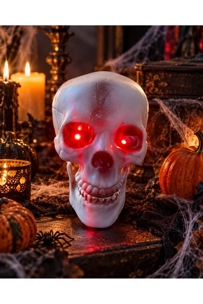 PARTİPORT Halloween Işıklı Kafatası Dekoru – Kırmızı LED Gözlü Masaüstü Kuru Kafa Süsü