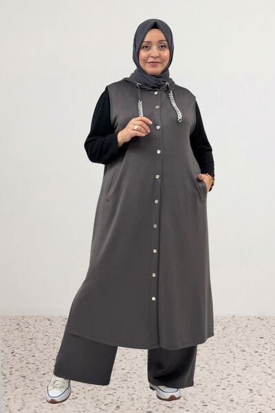Eslina 64005 Large Size Buttoned Hooded Modal Vest - Anthracite