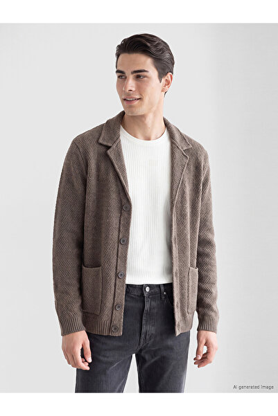 LC Waikiki Nevavm Beige Knitwear Plain Jacket Collar Men's Cardigan with a Di...
