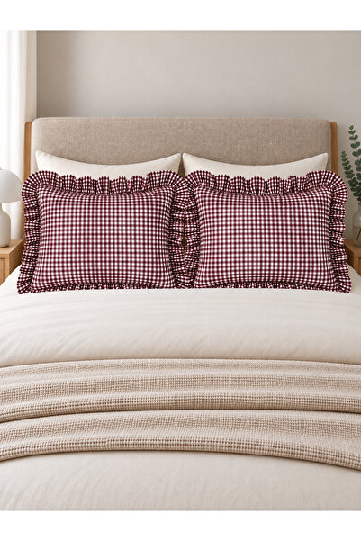 Decamor home Iris 2 Pieces Linen Mini Gingham Pillowcase Claret Red