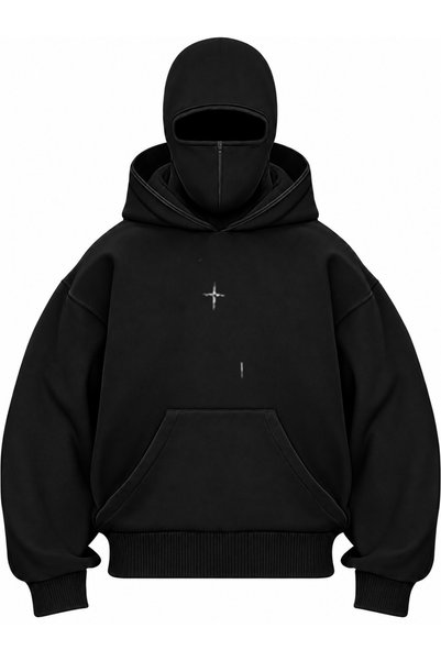 HAI COLLECTİON Unisex Oversize Kapüşonlu Sweatshirt Balaclava Maskeli Siyah H...