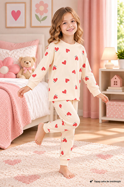 Novella18kıds Girl's Heart Patterned 100% Cotton Long Sleeve Pajama Set