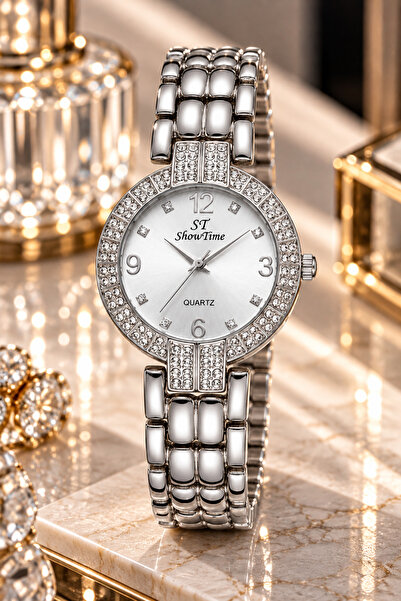 ShowTime ST Kadın Kol Saati Silver Gümüş Renk Taşlı Yuvarlak Kasa Metal Bilezik Kordonlu Analog Quartz Saat
