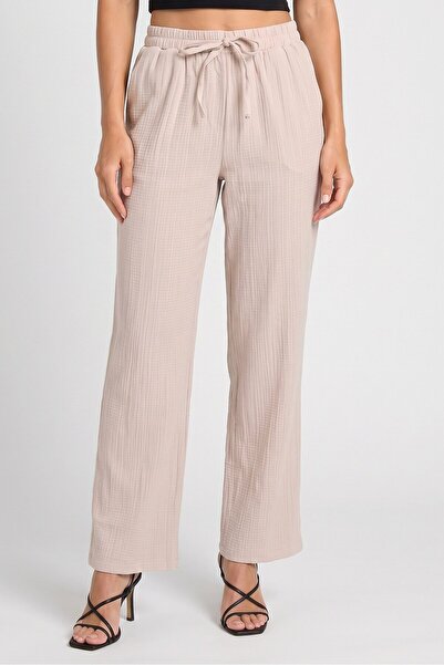 QED London Women Regular Fit Textured Wide Leg Pants, Light Beige