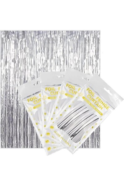 KASTWAVE 4Pcs Silver Foil Fringe Curtain, 3.2ft x 6.5ft Glittering Silver Tin...