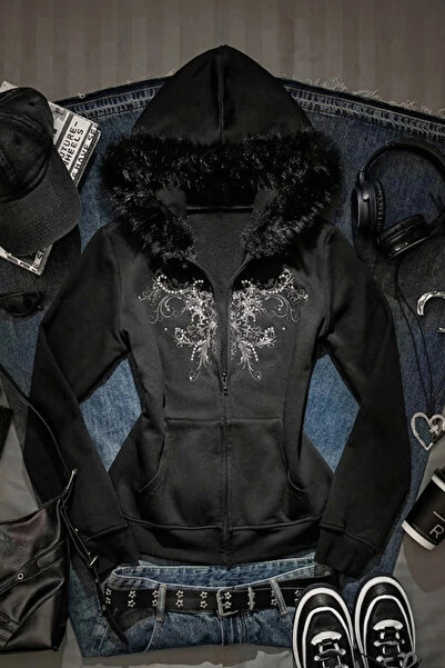 Minga London Black Tribal Motif Gothic Fur Y2K Crop Cardigan
