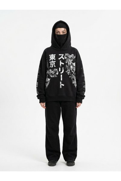 HAI COLLECTİON Unisex Oversize Hooded Sweatshirt Japanese Printed Black Hoodie