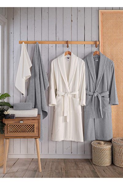 newhome Alfa 6 Piece Boxed 100% Cotton Luxury Family Bathrobe Set Gray-Cream
