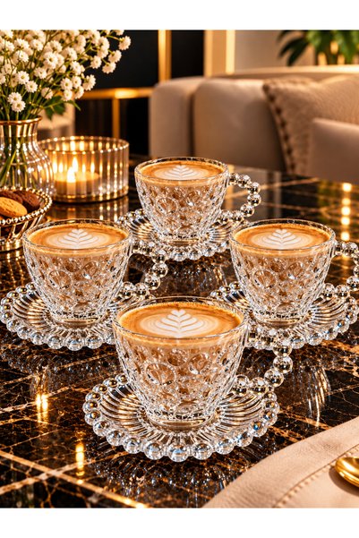 EGELA GLASSWARE 2025 Boncuk Kulplu ve Boncuk Kenarlı Çay Tabağı ( 4 Adet ) 17...