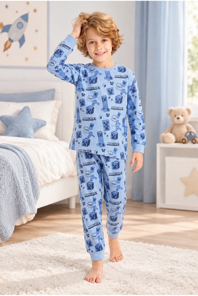 Novella18kıds Erkek Çocuk Minecraft Desenli %100 Pamuk Uzun Kollu Pijama Takımı