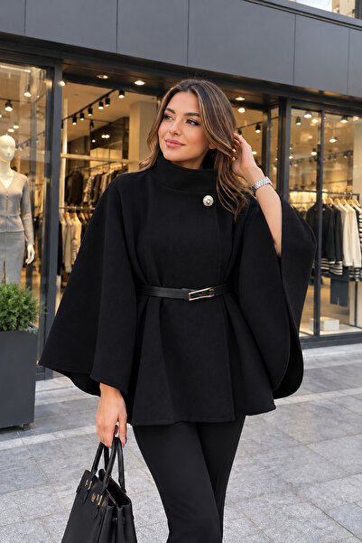 citycenterfashion Women's Belted High Collar Cashmere Poncho Cty-Çtn-9800