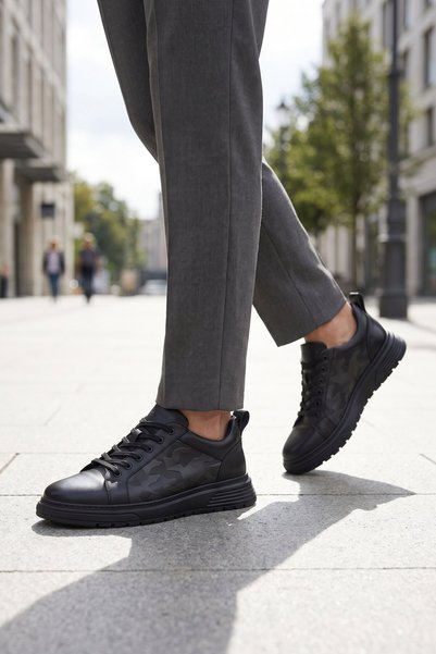 AYAKMOD Black Genuine Leather Lace-Up Thick Comfortable Sole Men's Casual Sho...
