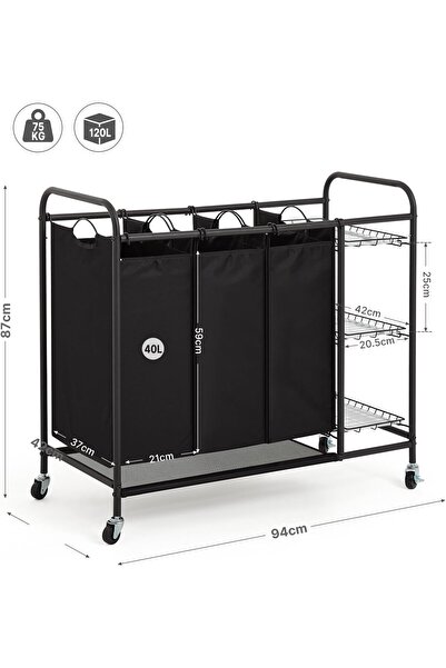 SONGMICS Coș de rufe cu 3 compartimente, 120L, rafturi