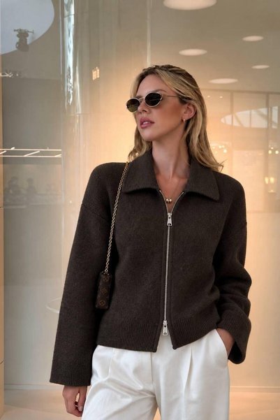 Cymora Elia Triko Cardigan cu fermoar – Pulover cu fermoar, cu guler polo, mâ...