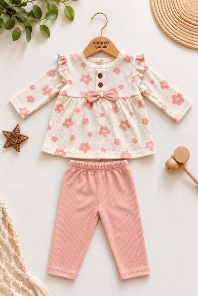 dinamik çocuk Girl baby floral patterned bow ruffled long sleeve top and bott...