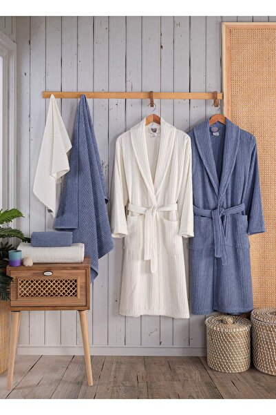 newhome Alfa 6 Piece Boxed 100% Cotton Luxury Family Bathrobe Set Blue-Cream