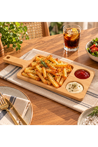 Le Paon Bambu Sos Bölmeli Sunum Tahtası 33x16 cm Patates Kızartması ve Atıştı...