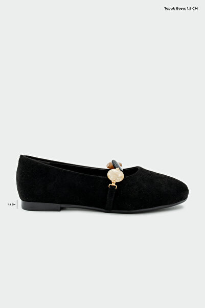 LAMİNTA Retra Women's Flat Black Suede Ballerinas with Natural Stone Accessories