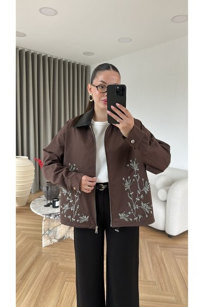 SHILSEE BEUTİQUE Leather-Collared Embroidered Parka Jacket Brown
