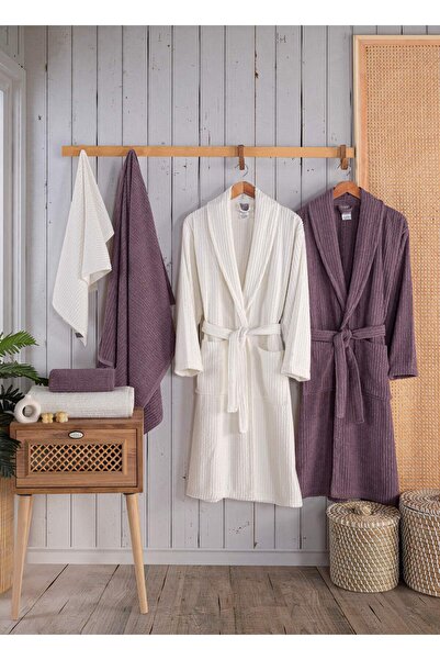 newhome Alfa 6 Piece Boxed 100% Cotton Luxury Family Bathrobe Set Plum-Cream