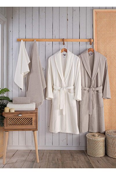 newhome Alfa 6 Piece Boxed 100% Cotton Luxury Family Bathrobe Set Cappuccino-...