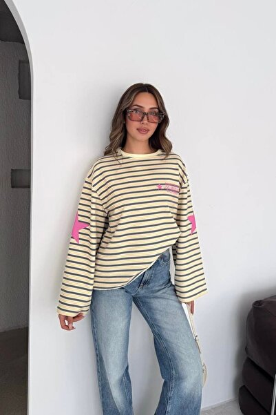 gozdefashion Kadın Sunset Baskı Detaylı Çizgili Sweatshirt