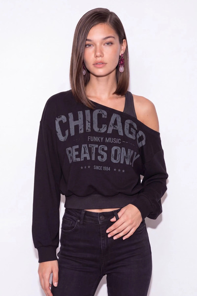 cemo Kadın Kayık Yaka Yazı Baskılı Sweatshirt