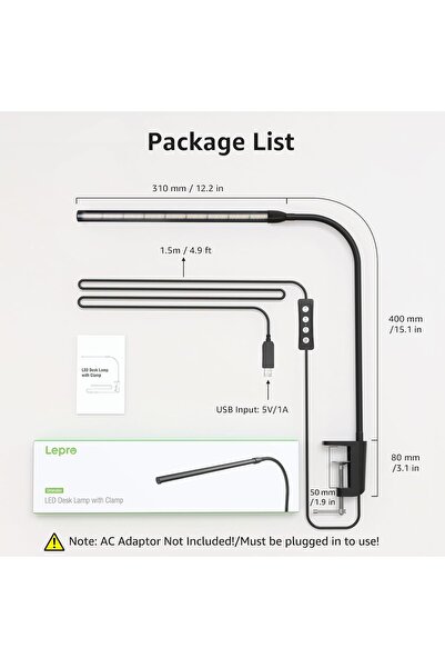 NO BRAND Lampă de birou USB LED cu clemă, 3 culori, 10 niveluri de luminozita...