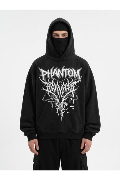 HAI COLLECTİON سويت شيرت بقلنسوة كبير الحجم للجنسين، هودي أسود مطبوع عليه فانتوم