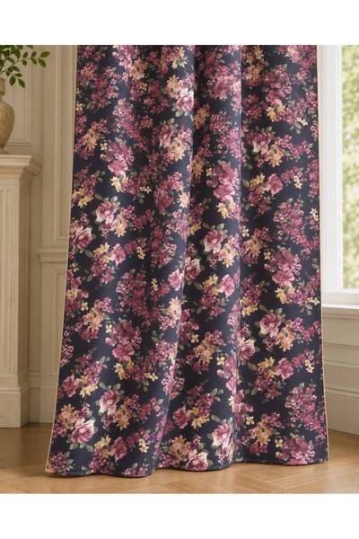 Luxoras Home Bordo Güllü Desenli Düz Fon Perde Kornişli Vintage Country Perde...