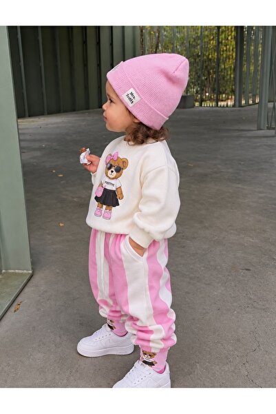 Asila Baby Mrs Teddy Baskılı Sweatshirt Çizgili Pantolon Baskılı Çorap ve Ber...