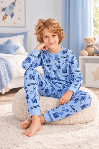 Novella18kıds Erkek Çocuk Minecraft Desenli %100 Pamuk Uzun Kollu Pijama Takımı