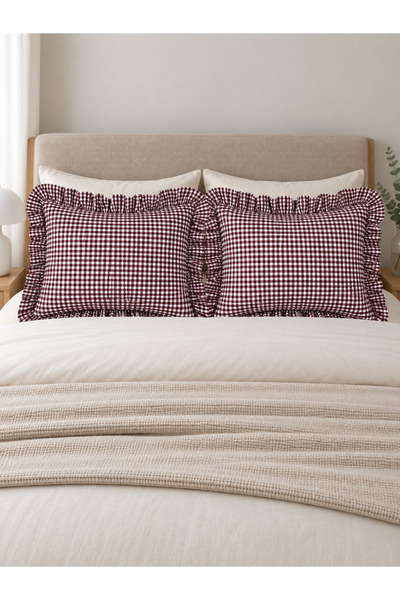 Decamor home Iris 2 Pieces Linen Mini Gingham Pillowcase Claret Red