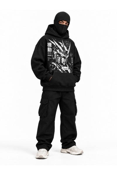 HAI COLLECTİON Unisex Oversize Hooded Sweatshirt Mecha Printed Black Hoodie