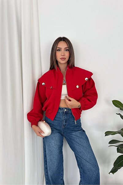 Neşeli Butik Women's Red Metal Button Detailed Zippered Short Bomber Jacket N...