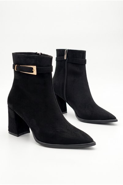 Shoesers Women's Special Design Buckle Detailed Zippered Pointed Toe Mid-Heeled Black Suede Boots