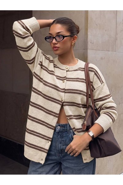 S.ÇLK Women's Striped Crew Neck Buttoned Loose Fit Long Sleeve Knitwear Cardigan
