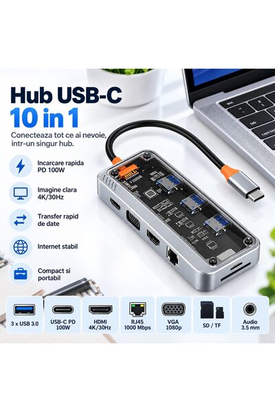 OEM Hub USB-C 10 în 1 pentru laptop, HDMI 4K/30Hz, PD 100W, VGA 1080p, RJ45 Gigabit 1000 Mbps, 3 x USB 3.0, cititor de carduri SD/TF, mufă audio de 3,5 mm, gri