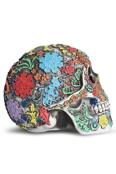 OEM Craniu Decorativ Floral – Ornament Colorat din Rășină pentru Interior, Stil Mexican, Ideal pentru Halloween sau Decor Tematic, 15 cm