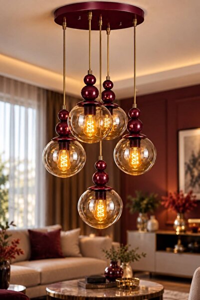 VENON Kardan Adam 5.Lİ YUVARLAK✨VİŞNE ÇÜRÜĞÜ BORDO AVİZE ✨ESKİTME KABLOLU ✨ B...