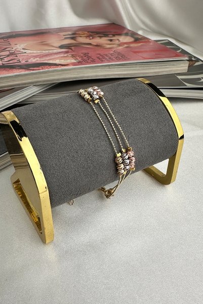Modex Altın Sarısı Zincirli Üç Renk Dorika Boncuk Detay Bileklik (18cm)