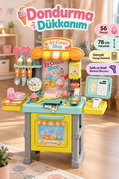 Tıfıl Toys Dondurma Dükkanı 52 Parça Gerçek Hesap Makineli 78 CM Sesli Işıklı...