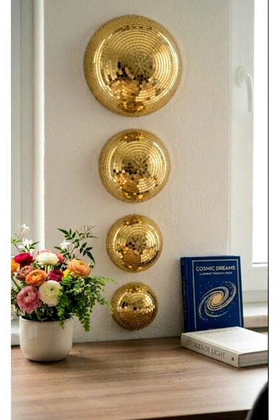 ÇİLEKHOMEAVM GOLD Aynalı Duvar Dekoru - Yarım Disko Topu Duvar Süsü, Ayna Pan...
