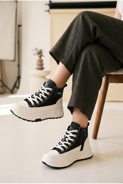 MERVESTORE Kadın Fermuarlı ve Bağcıklı Renk Bloklu Bilekli Sneaker Kalın Taba...