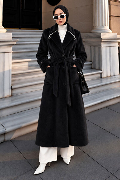 Tesettür Dünyası Fox Coat with Zipper Detail on the Collar Tsd260346 Black